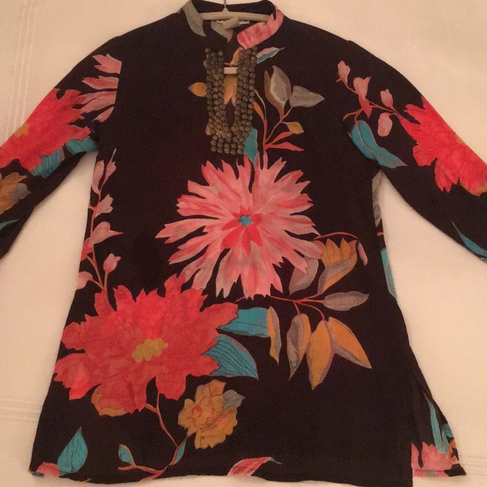 Blue Plate Brown Flowered Tunic; Size S